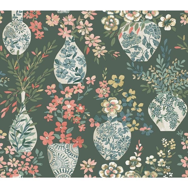 A-Street Prints Harper Green Floral Vase Matte Non Woven Wallpaper Sample