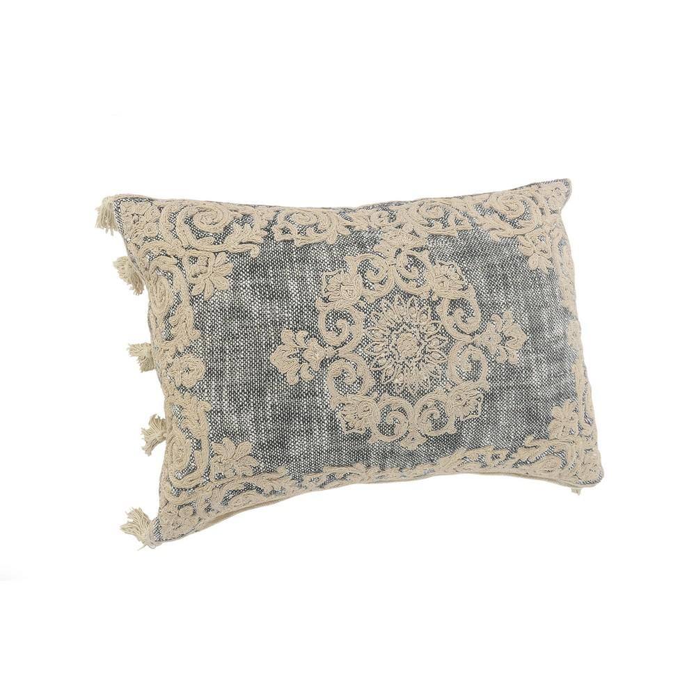 Gray and Beige Embroidered Rectangular Lumbar Pillow