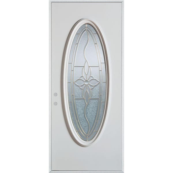Stanley Doors 32 in. x 80 in. Traditional Brass Oval Lite Painted White Right-Hand Inswing Steel Prehung Front Door