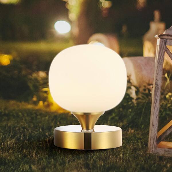 JONATHAN Y Carson Rechargeable Cordless 12.75-in Brass Gold LED Stick Table  Lamp with Glass Shade