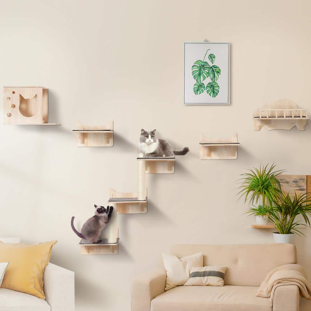 Natural Pine Wood Wall Mounted Cat Playground Set