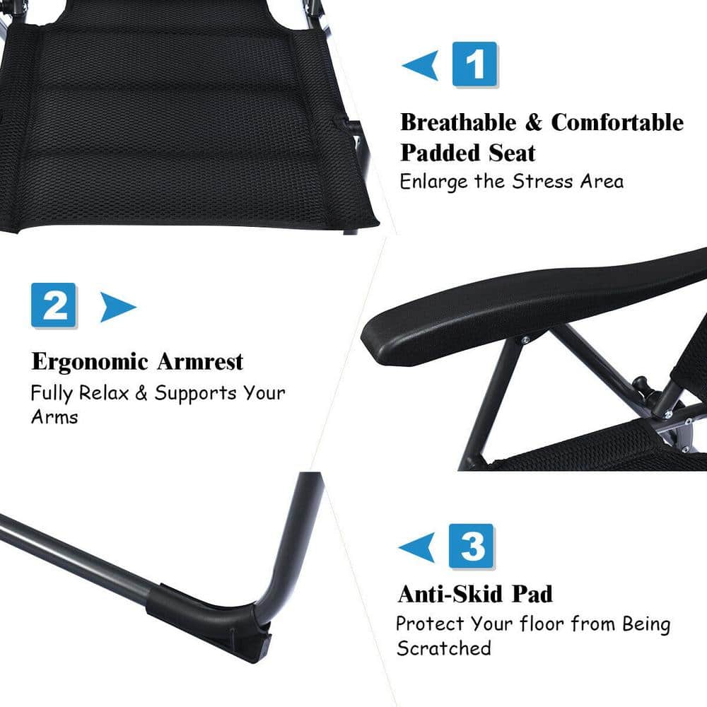 Adjustable Black Steel Frame Reclining Patio Chairs, Set of 2