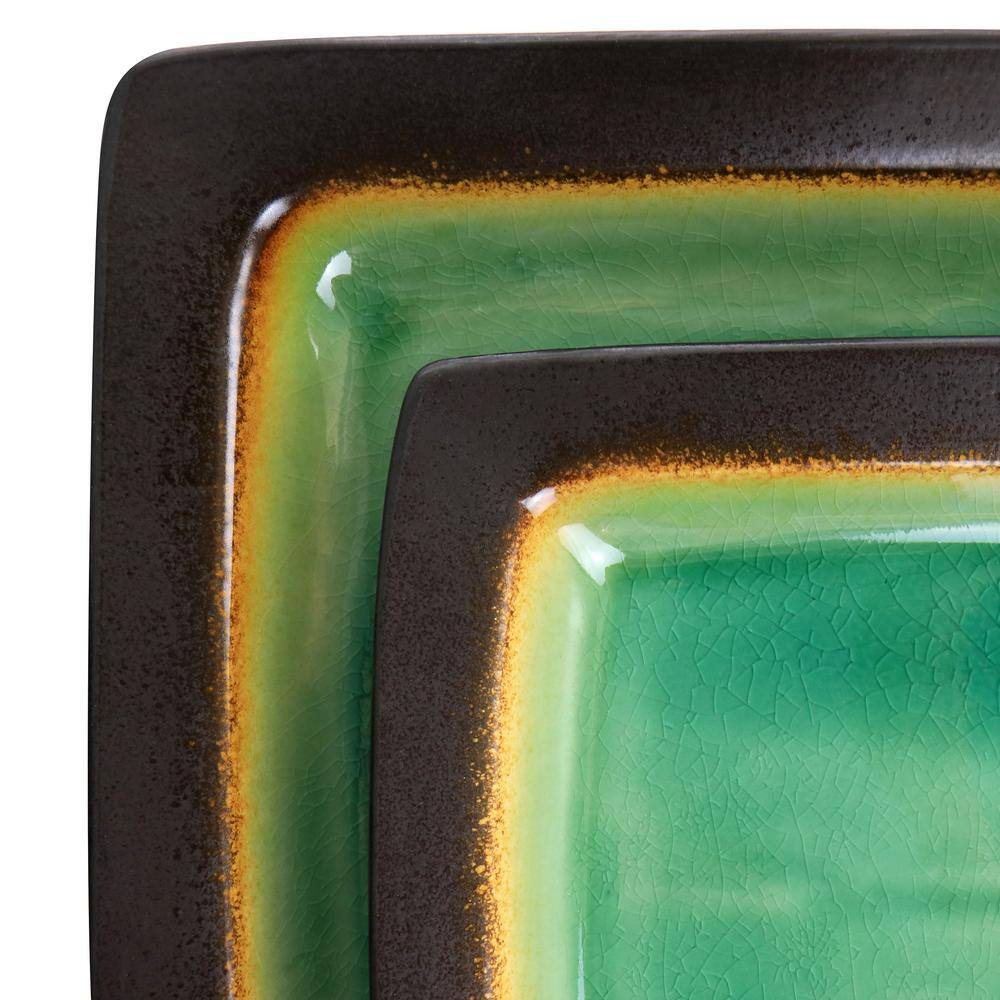 Green Floral Ceramic Square Dinnerware Set, Service for 4