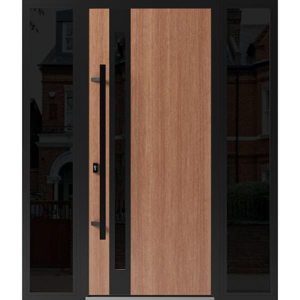 VDOMDOORS 1033 60 in. x 80 in. Right-hand/Inswing 2 Sidelight Tinted Glass Teak Steel Prehung Front Door with Hardware