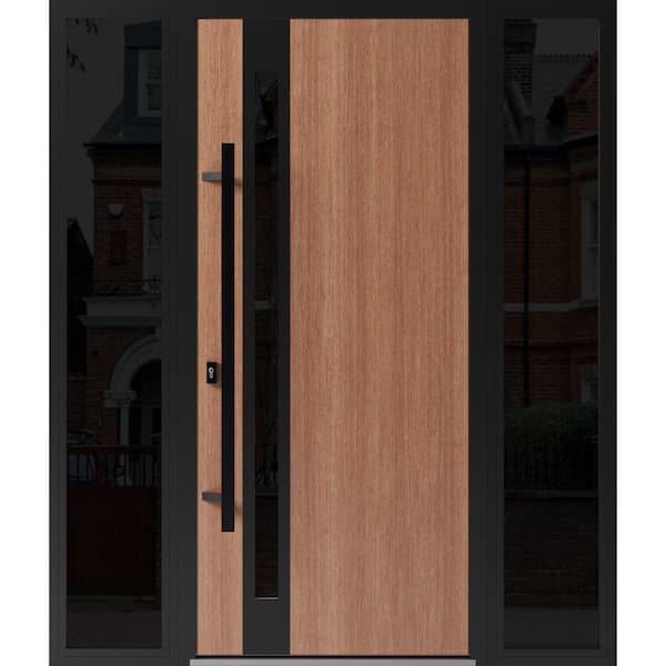 VDOMDOORS 1033 68 in. x 80 in. Right-hand/Inswing 2 Sidelight Tinted Glass Teak Steel Prehung Front Door with Hardware
