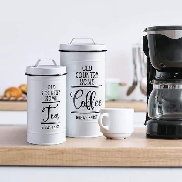 4-Pieces Metal Canisters Sets Airtight Kitchen Canisters Flour and Sugar Containers Tea Coffee Sugar Canister Set, White