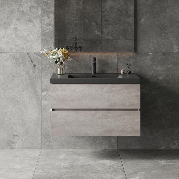 Lodi 36 in. W x 20 in. D x 16 in. H Single Floating Bathroom Vanity with Black Quartz Sand Top in Grey Assembled