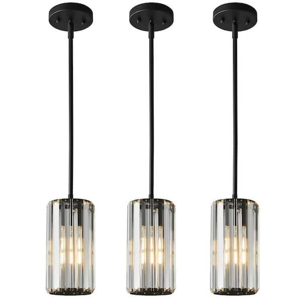 Home Lighting 40-Watt 3-Light Mini Black Modern Pendant Light With Crystal Shade Adjustable For Kitchen Island, 3-Pack