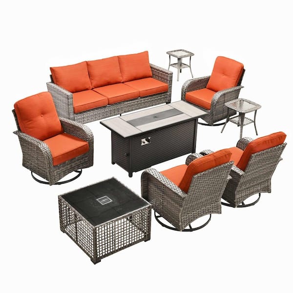 Onyx 9 Pieces Wicker Outdoor Patio Rectangular Fire Pit Set and Swivel Rocking Chairs with Orange Red Cushions