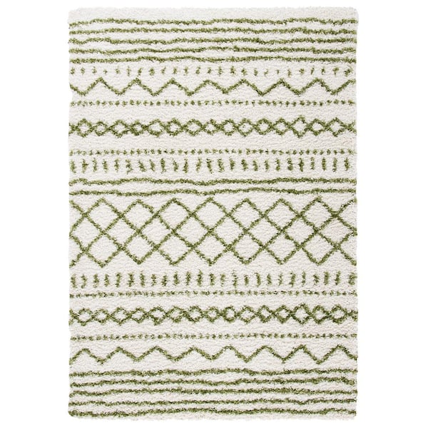 Arizona Shag Ivory/Green 2 ft. x 4 ft. Geometric Lodge Area Rug