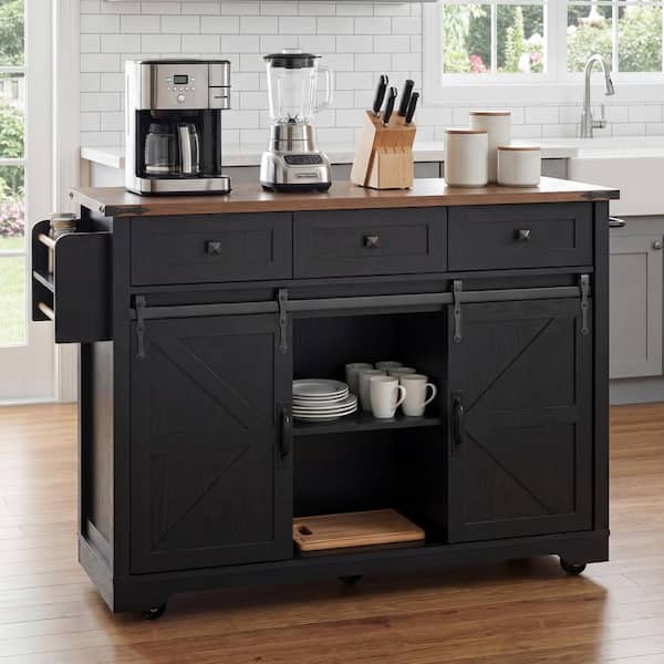 Black Wood 53 in. Kitchen Island with Power Outlet, 2-Sliding Barn Door and Drop Leaf for Kitchen and Dining Room