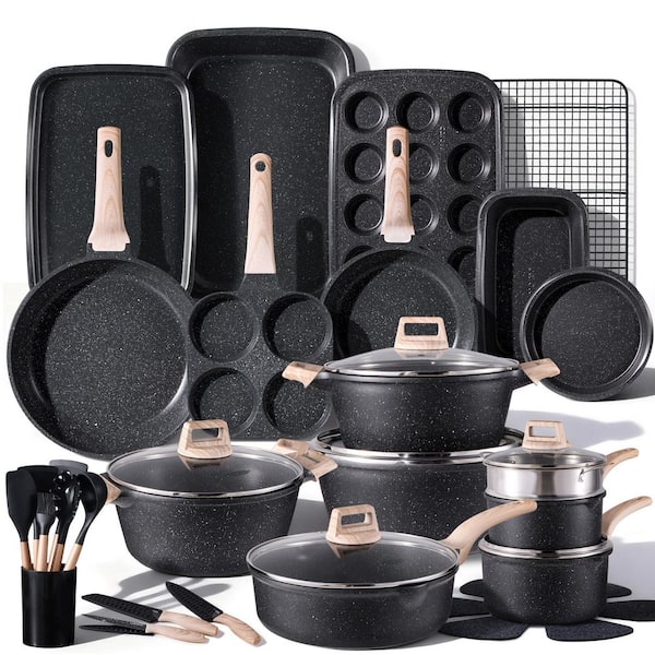 Wudkey 44-Piece Nonstick Aluminum Cookware Set in Black, Induction