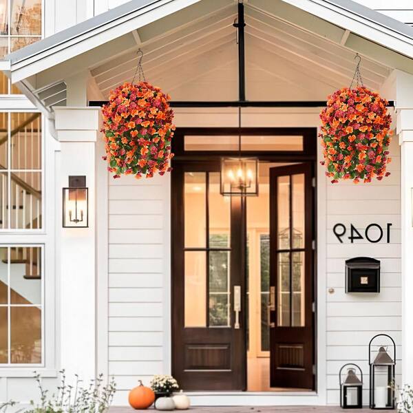 24.8 in. Orange Brown Artificial Hanging Begonia Flowers in Basket