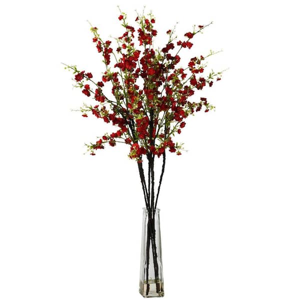 Nearly Natural 38 in. Artificial H Red Cherry Blossoms with Vase Silk Flower Arrangement
