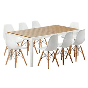Madeira 9 Piece White and Teak Brown Indoor and Outdoor 8-Seat Rectangular Table and 8-Chair Set