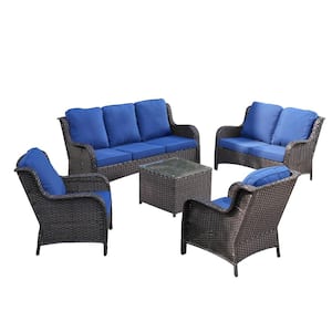 Ceres Brown 5-Piece Wicker Outdoor Patio Conversation Seating Set with Navy Blue Cushions