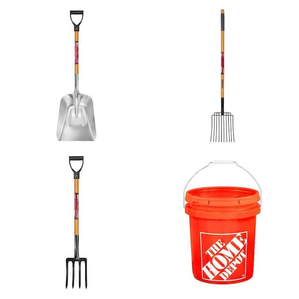 28 in. D-Grip Aluminum Scoop Shovel, 47 in. Wood Handle Garden Fork, 28 in. Spading Fork and 5 Gallon Bucket Combo