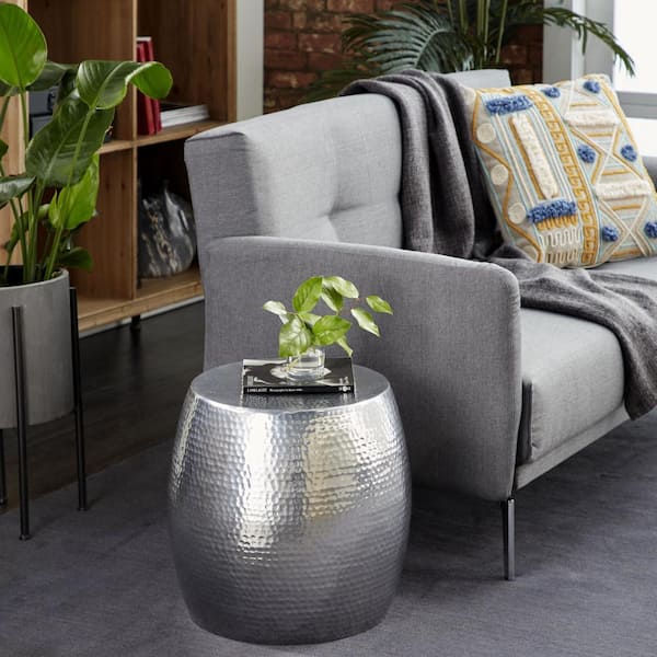 Litton Lane 14 in. Silver Drum Shaped Medium Round Aluminum End Accent Table with Hammered Design