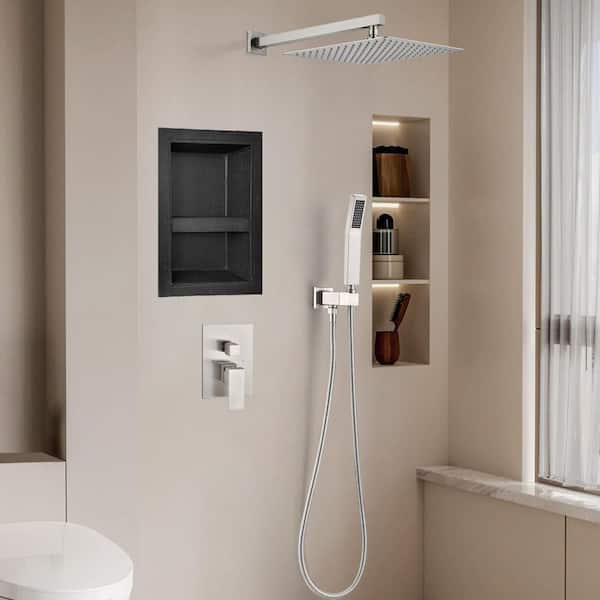 Satico 1-Spray Patterns 11.8 in. Wall Mount Dual Fixed and Handheld Shower Head with 12 in. Niche 1.8 GPM in Brushed Nickel