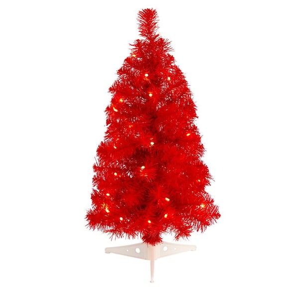 Nearly Natural 2 ft. Red Artificial Christmas Tree with 35 LED Lights and 72 Bendable Branches