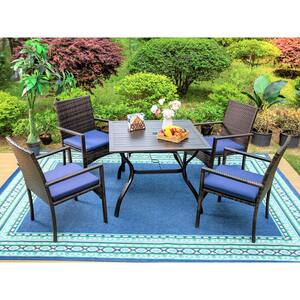 5-Piece Metal Patio Outdoor Dining Set with Square Table and Rattan Chair with Blue Cushion