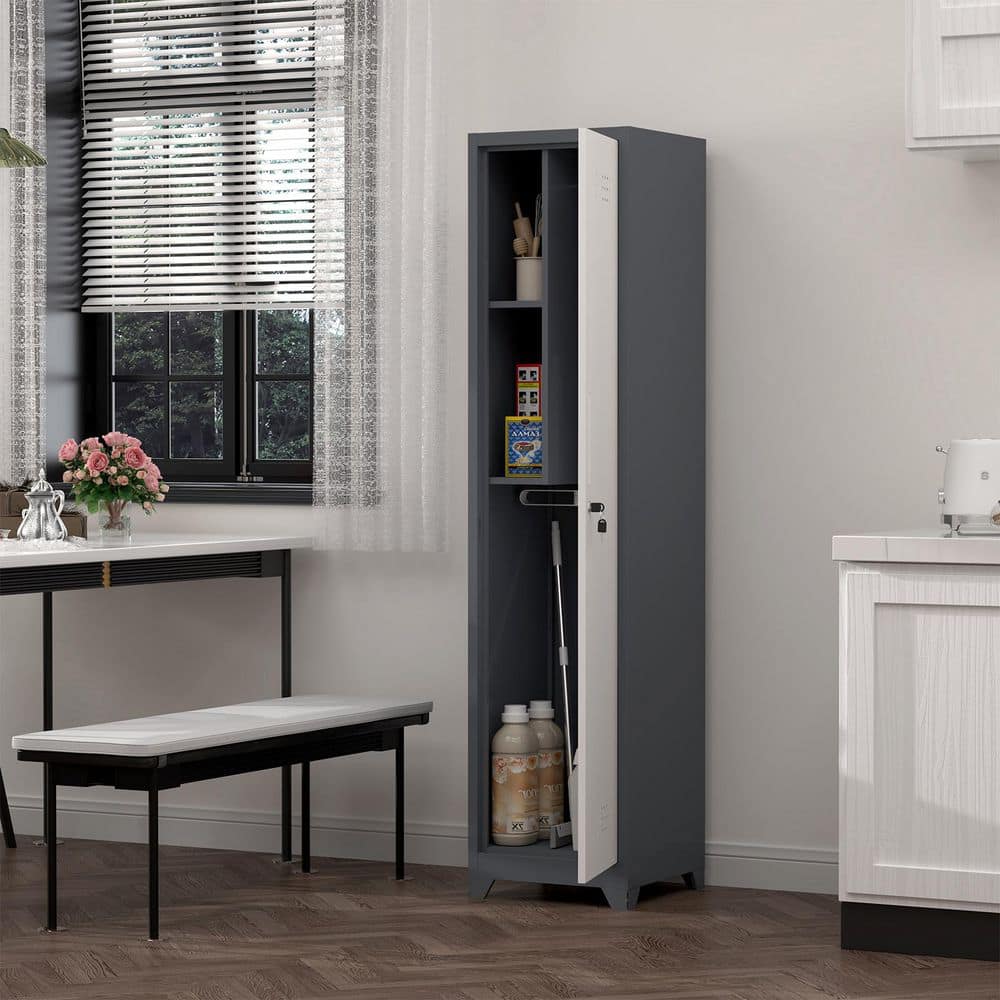 White 65 in. Metal Broom Storage Cabinet with Lockable Door Hooks and Shelves for Utility Room Organization
