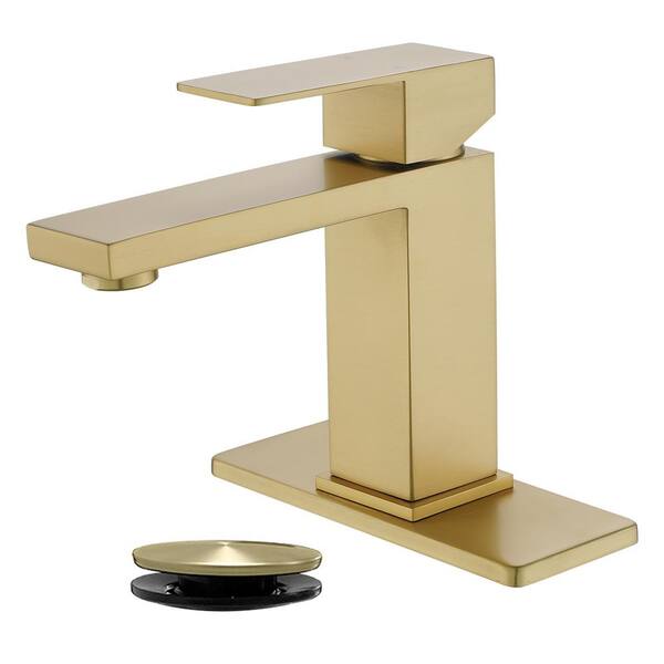 Single Handle Single Hole Bathroom Faucet with Deck Plate Vanity Sink Faucet in Brushed Gold