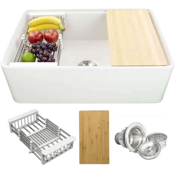 White Fireclay 30 in. Single Bowl Apron-Front Workstation Kitchen Sink with Basket Strainer