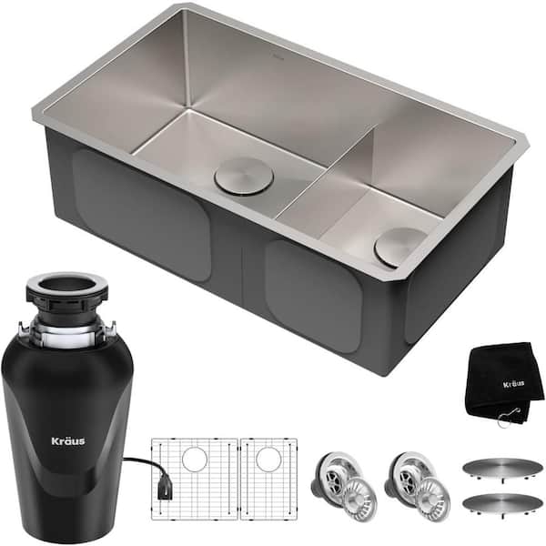 Aoibox 32 in. Undermount Double Bowl 16-Gauge Silver Stainless Steel Kitchen Sink with Garbage Disposal