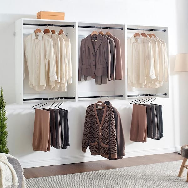Devi Series 31.5-94. 5in. W White Modular Closet System Wall Mount Double Hanging Rods 0-Shelf Wood Closet System