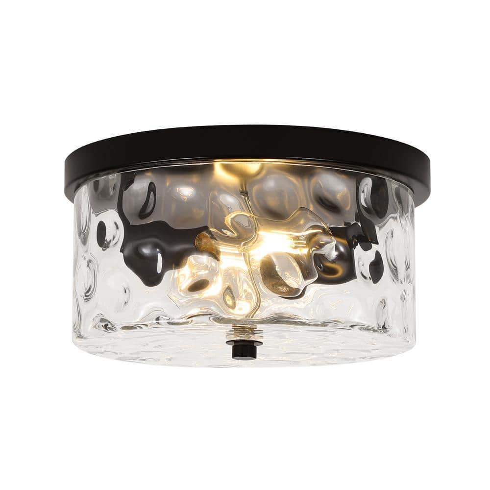 9.8 inch Matte Black Flush Mount Ceiling Light with Hammered Glass Shade