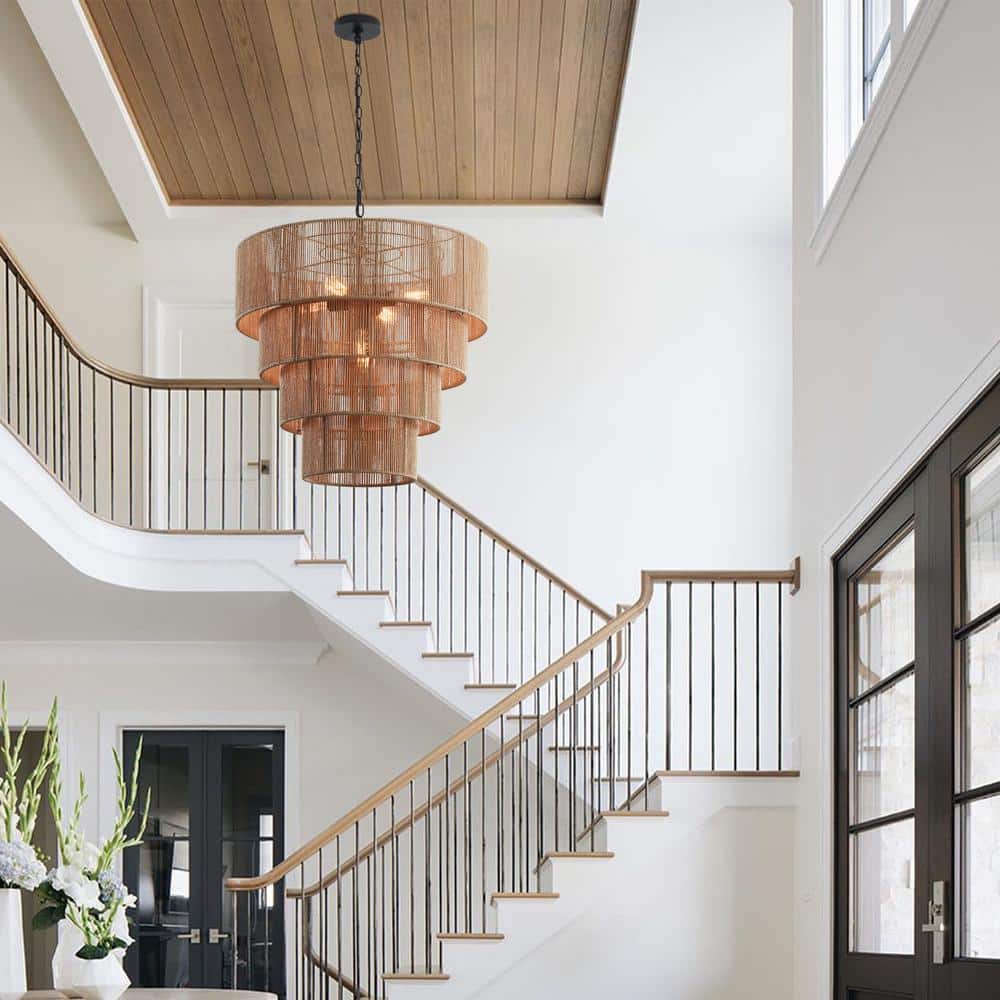 Beige Oversize 4-Tiered Rattan Pendant Light with Glass Shades