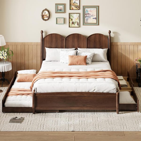 Harper & Bright Designs Classic Rustic Design Walnut(Brown) Wood Frame Queen Size Platform Bed with Twin XL Size Trundle and 2-Drawers