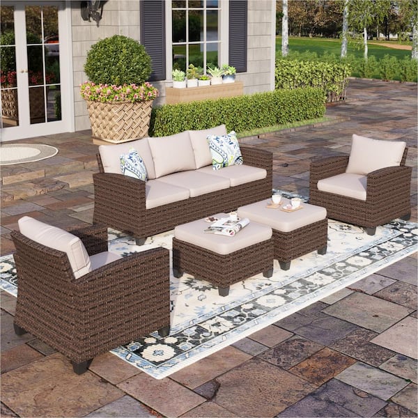 PHI VILLA Brown Rattan Wicker 7 Seat 5-Piece Steel Outdoor Patio Conversation Set with Beige Cushions and 2 Ottomans