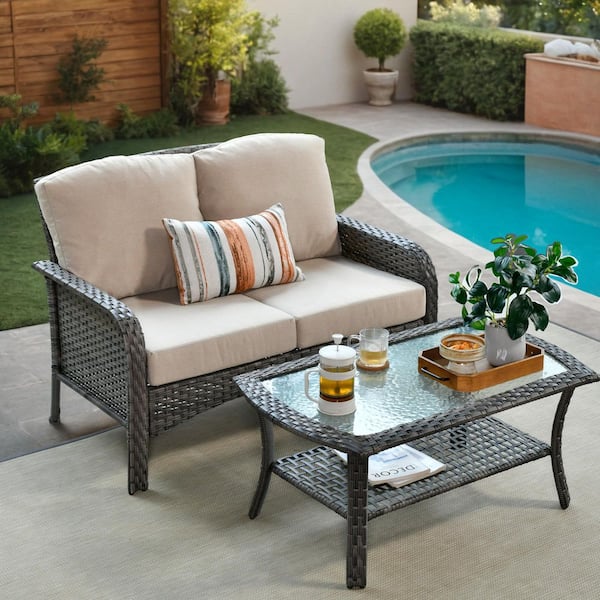 Gray Wicker 2-Piece Outdoor Loveseat Patio Loveseat Set with Beige Cushions and Glass Coffee Table for Small Space