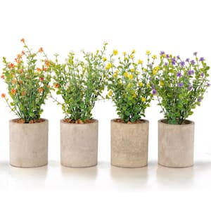 10 in. Artificial Plants and Flowers - Multi-Colored Faux Plant in Rustic Gray Pots with Brown Pebbles (Set of 4)