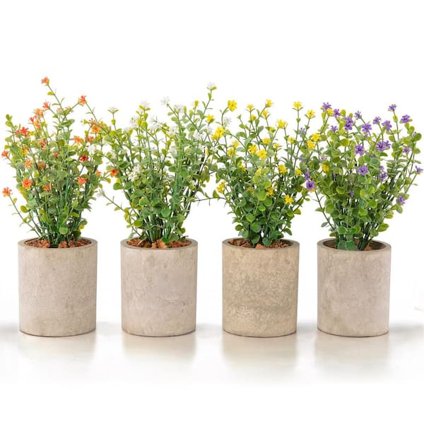 Unbranded 10 in. Artificial Plants and Flowers - Multi-Colored Faux Plant in Rustic Gray Pots with Brown Pebbles (Set of 4)