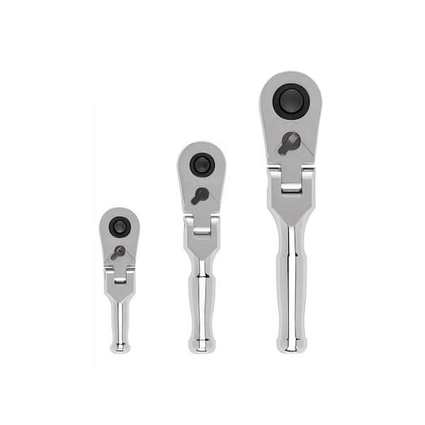 1/4, 3/8, 1/2 Inch Drive (3, 4-1/2, 6 in.) Flex Head Quick-Release Stubby Ratchet Set (3-Piece)