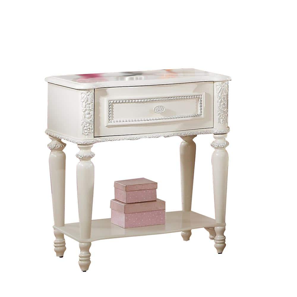 Ivory Floral Carved Wood 1-Drawer Nightstand