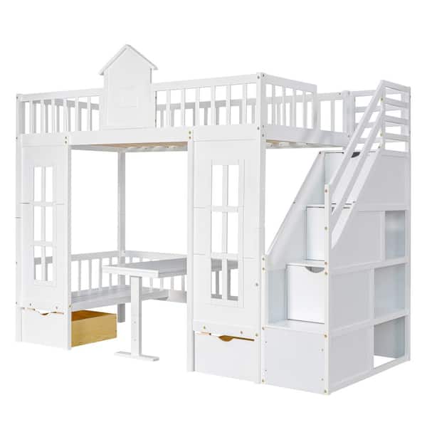 Polibi Twin-Over-Twin Bunk Bed with Changeable Table, Bunk Bed Turn into Upper Bed and Down Desk with 2-Drawers, White