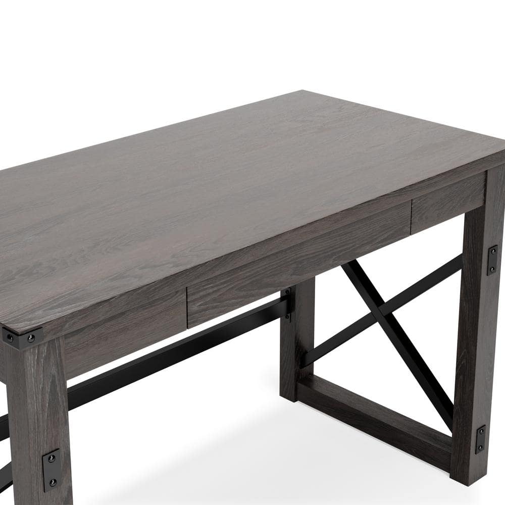 Dark Gray Rustic Wood Office Desk with Drawer and Iron X-Base