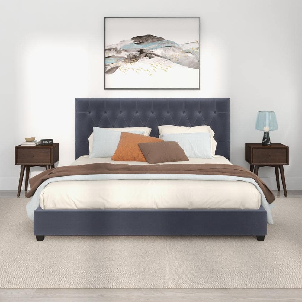 Elda Gray Velvet Upholstered King Platform Bed with Tufted Headboard
