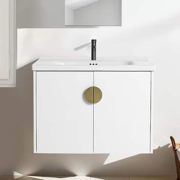 UPIKER Modern 28 in. W x 18.5 in. D x 20.7 in. H Single Sink Floating Bath Vanity in White with White Ceramic Top