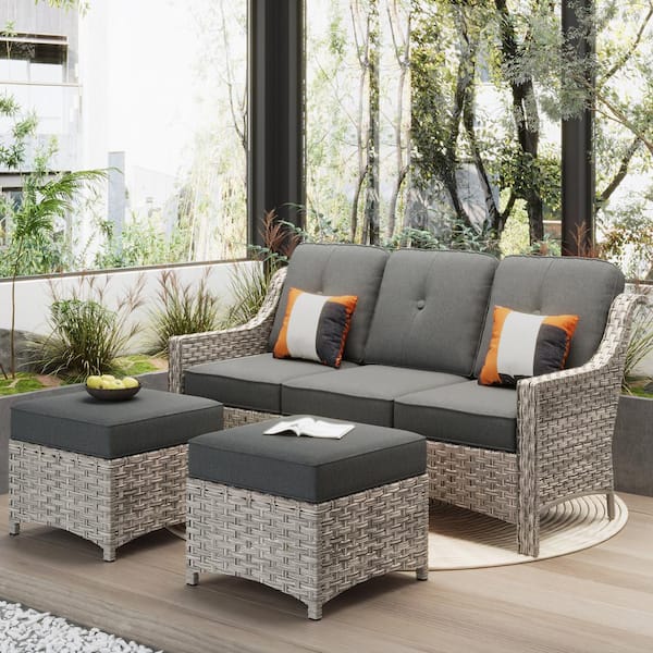 Toject Eureka Grey 3-Piece Modern Wicker Outdoor Patio Conversation Sofa Seating Set with Black Cushions