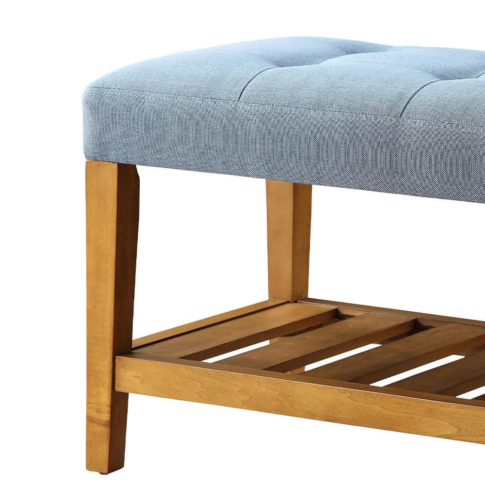 Blue Tufted Upholstered Bench with Oak Storage Shelf