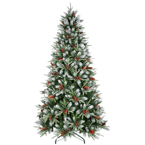 7 ft. Christmas Tree Holiday Tree with 2178 Tips, Red Berries, Pine Cones, Metal Stand, Hinged Design for Easy Setup