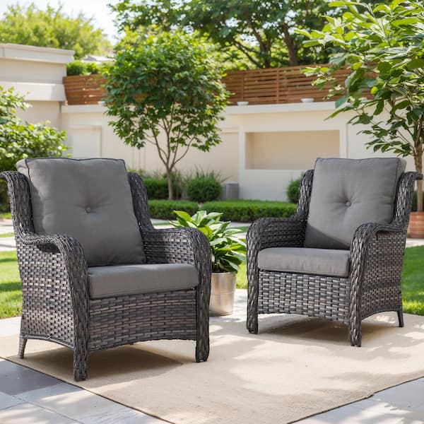 Patio Gray Wicker Outdoor Lounge Chair with Gray Cushions and Curved Armrest (2-Pack)