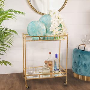 28 in. Gold Metal/Glass 2-Tier Bar Cart on Wheels