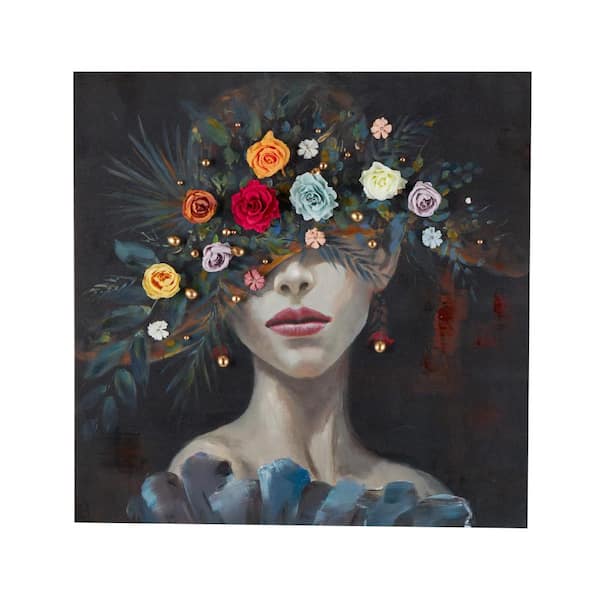 Litton Lane Framed 1-Panel Woman Art Print with 3D Multicolor Flowers and Gold Jewels 40 in. x 40 in.