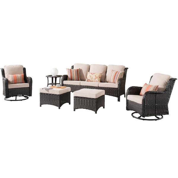 Moonlight Brown 6-Piece Wicker Patio Conversation Seating Sofa Set with Beige Cushions and Swivel Rocking Chairs